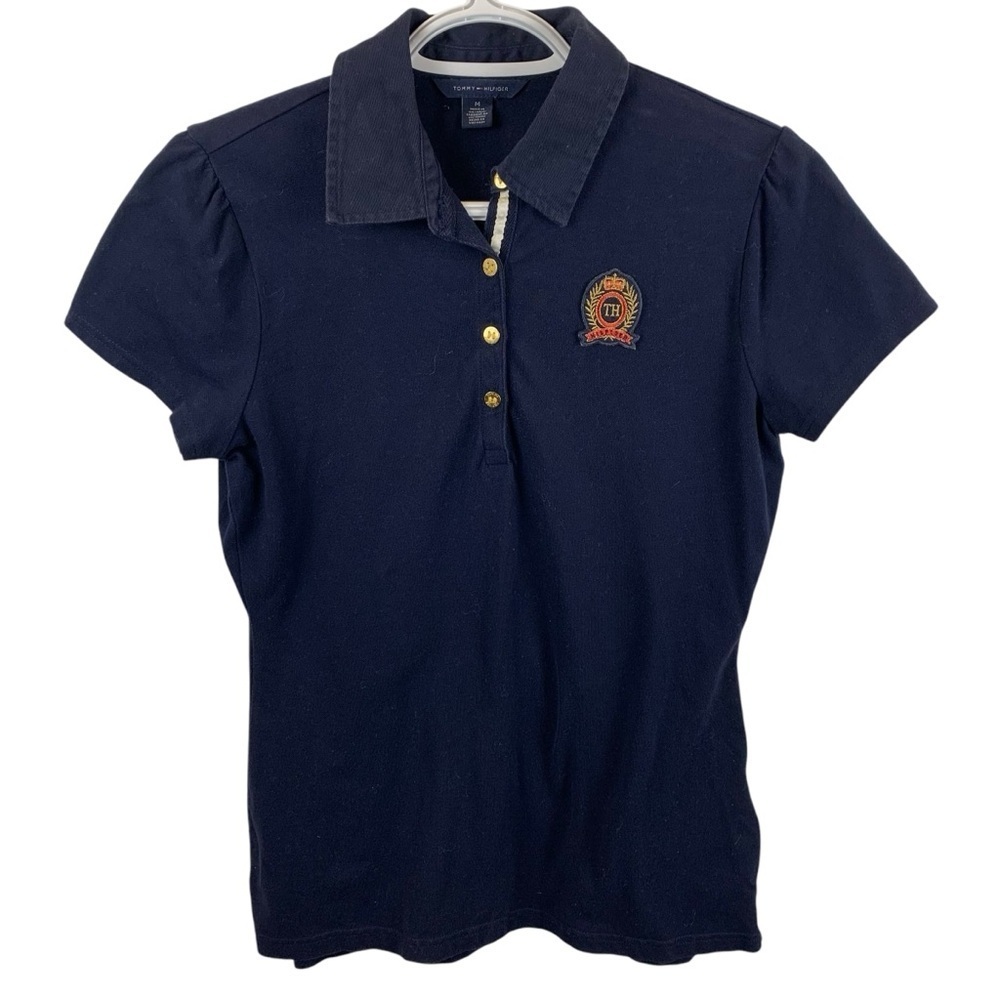 Tommy Hilfiger Women's M Navy Blue Polo Shirt Gold Buttons Crest Golf Tennis